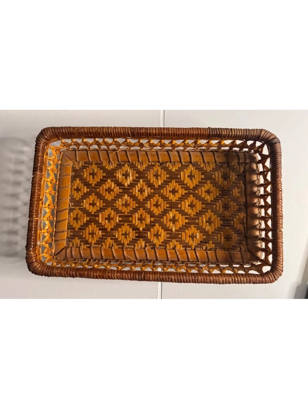 Handwoven Rectangular Rattan Basket Tray with Geometric Pattern